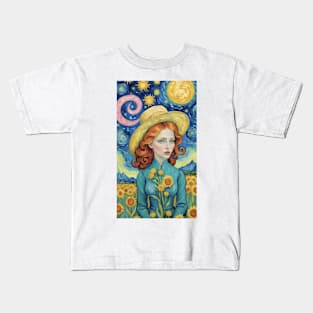 Ethereal Reverie: Van Gogh's Starry Night and Sunflowers-Inspired Woman Kids T-Shirt